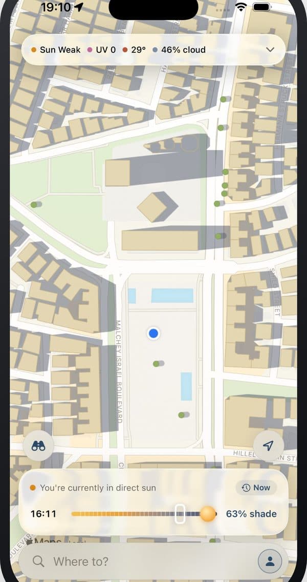 The Tzel map showing sunlit and shaded streets in Tel Aviv, with a slider to scrub shade through the day