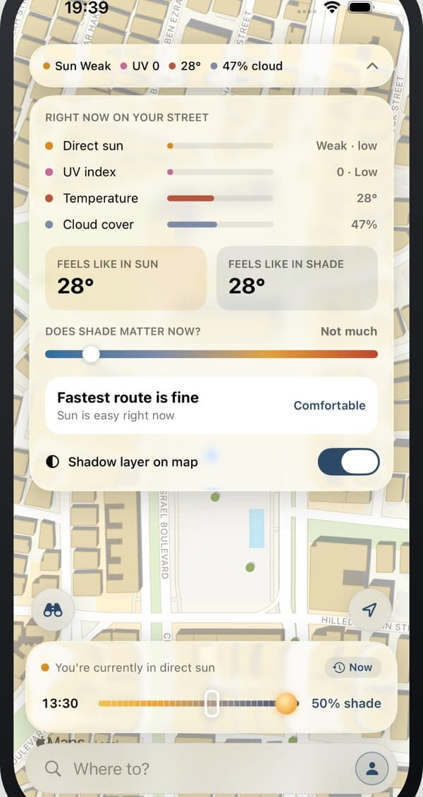 Tzel's conditions view showing sun, heat and UV details for the current location