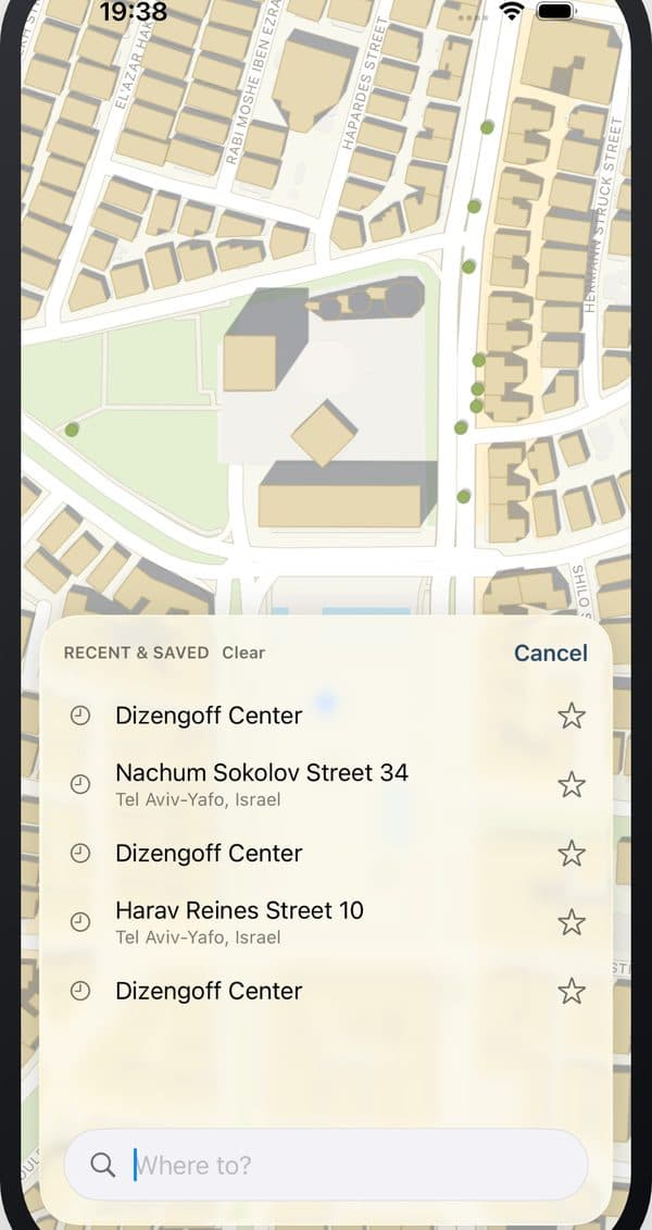 Tzel's saved places screen listing frequently visited destinations