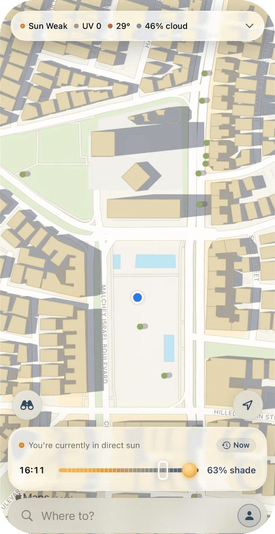 The Tzel app map showing sunlit and shaded streets in Tel Aviv, with a slider to scrub shade through the day